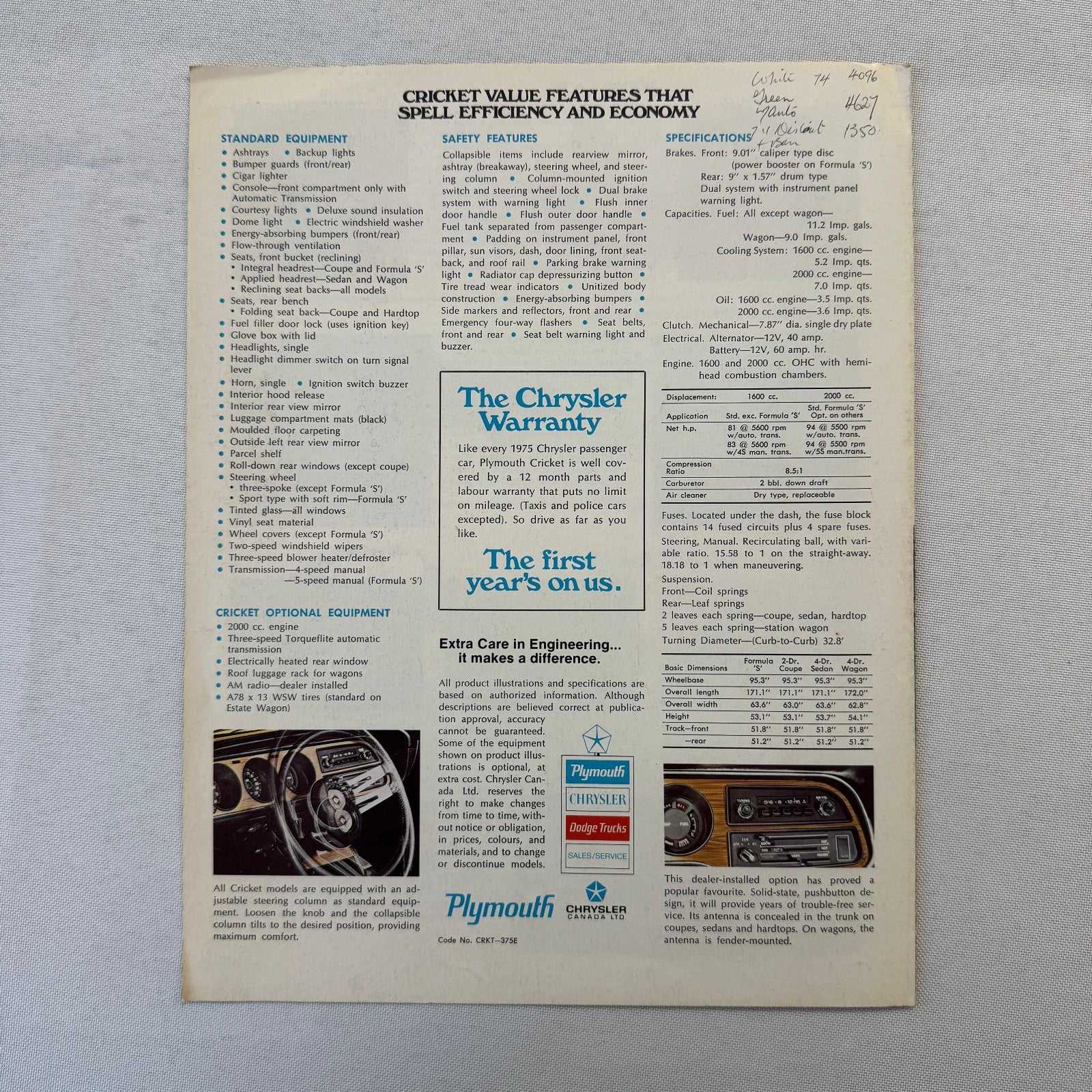 1976 Plymouth Cricket Car Sales Brochure Catalog Formula S Coupe Sedan Wagon