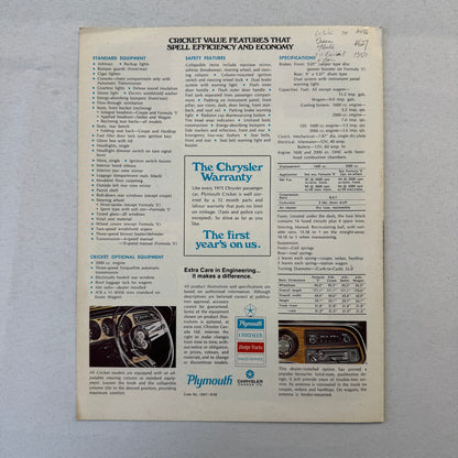 1976 Plymouth Cricket Car Sales Brochure Catalog Formula S Coupe Sedan Wagon