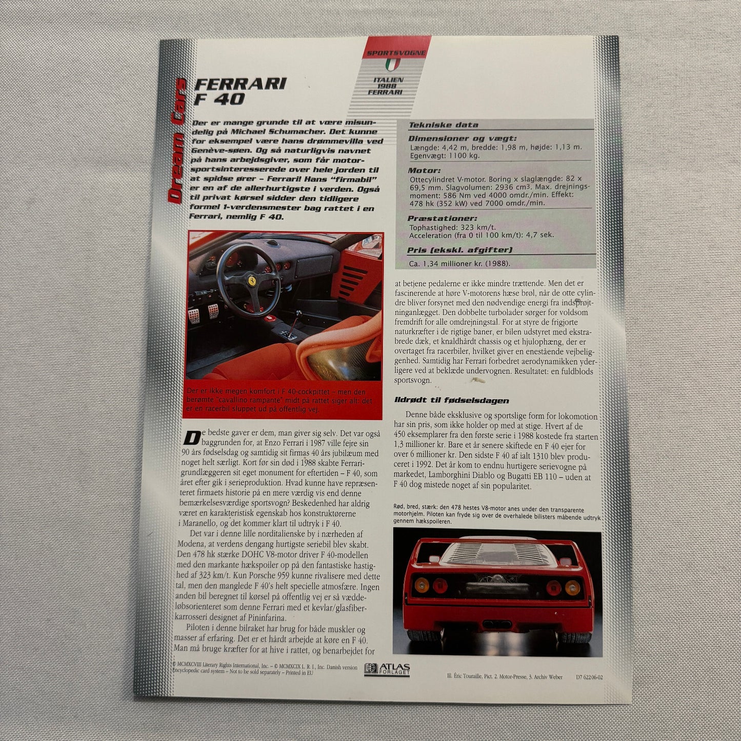 Ferrari F40 Dream Cars Mini Poster Card Brochure European