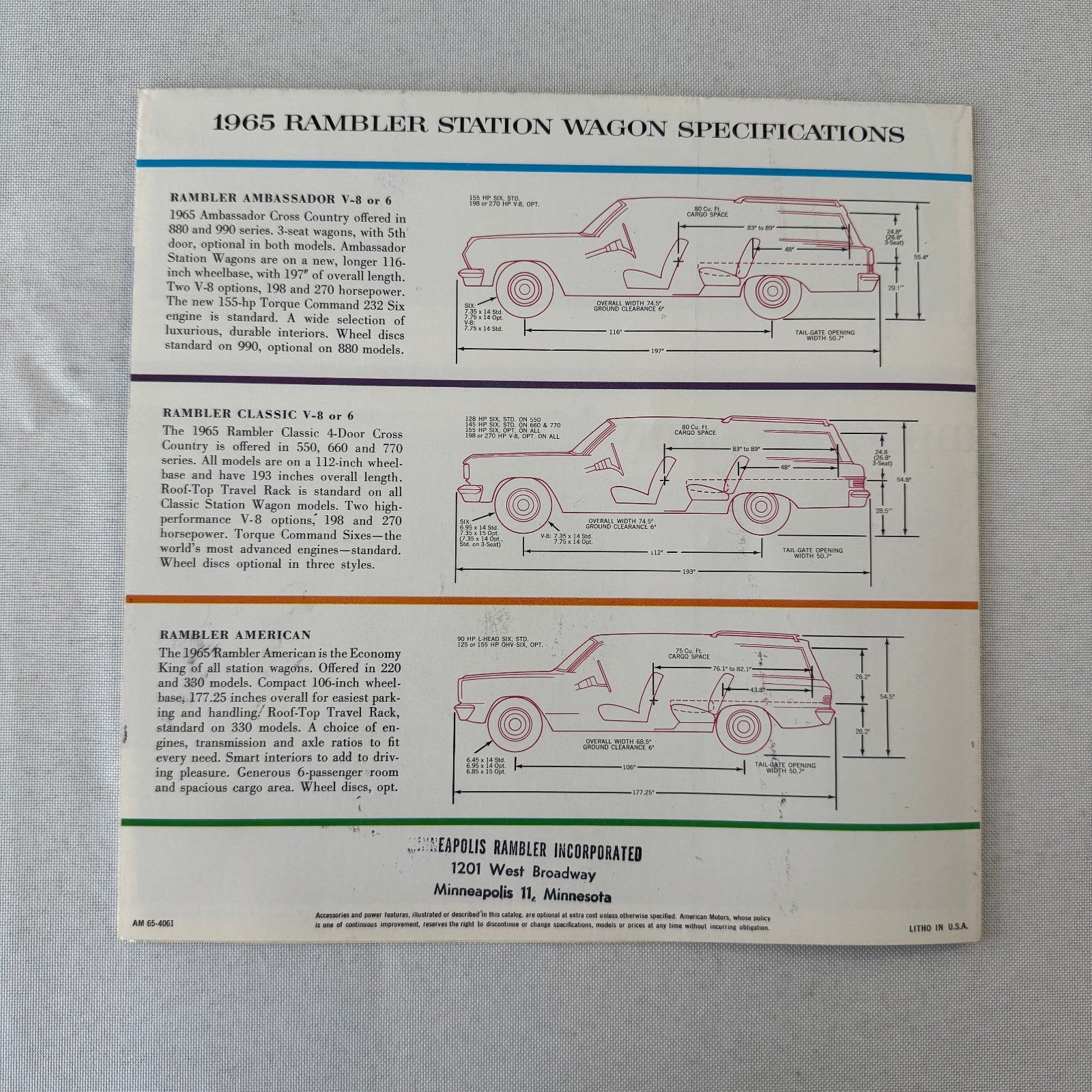 1965 Rambler Station Wagon Car Sales Brochure American Classic Ambassador