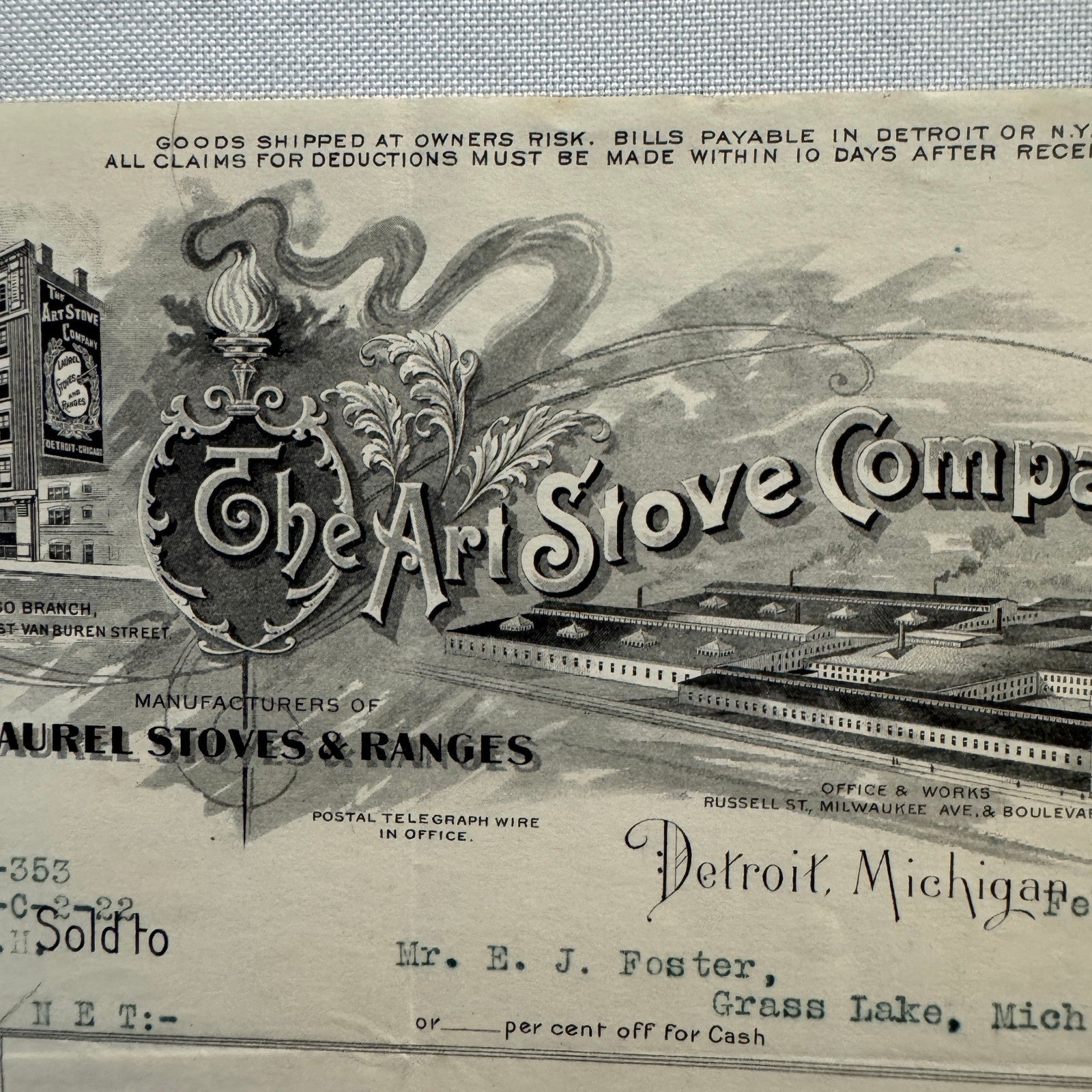 Art Stove Company Laurel Letterhead Invoice Document 1908 Detroit Michigan
