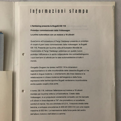 Bugatti EB 118 EB118 Press Kit Brochure Photos Italian Text