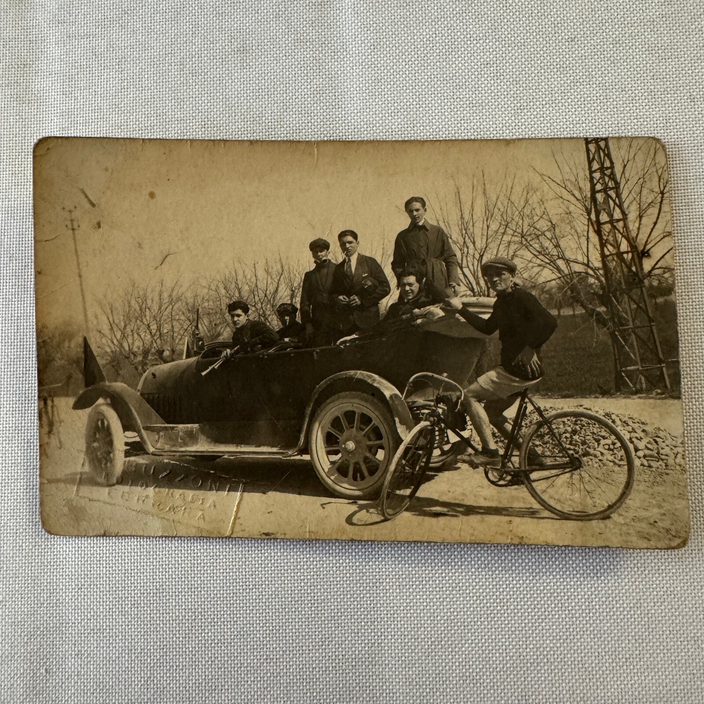 Vintage Italian Real Photo Postcard Post Card RPPC Automobile People Car Bicycle