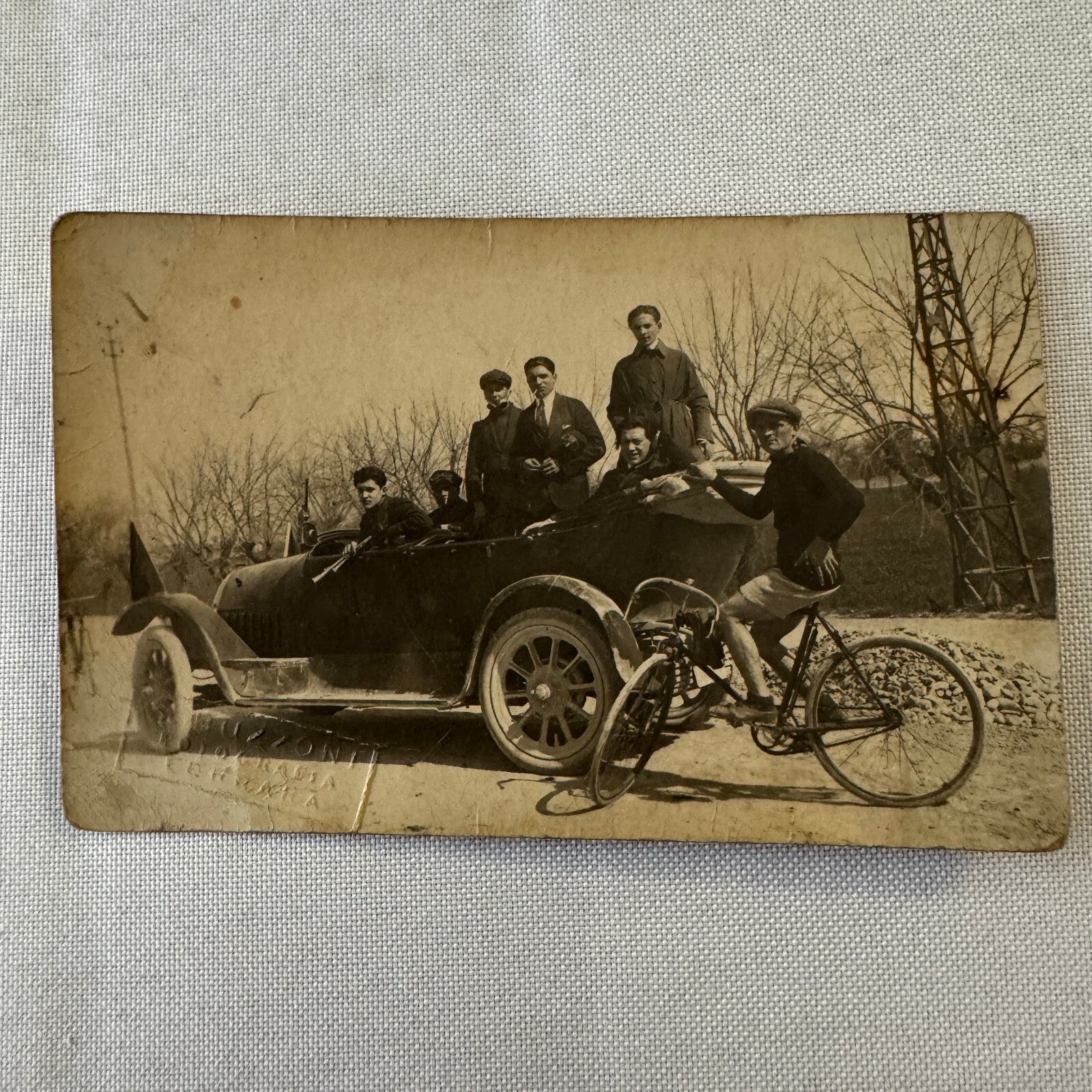 Vintage Italian Real Photo Postcard Post Card RPPC Automobile People Car Bicycle