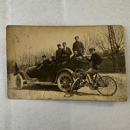 Vintage Italian Real Photo Postcard Post Card RPPC Automobile People Car Bicycle