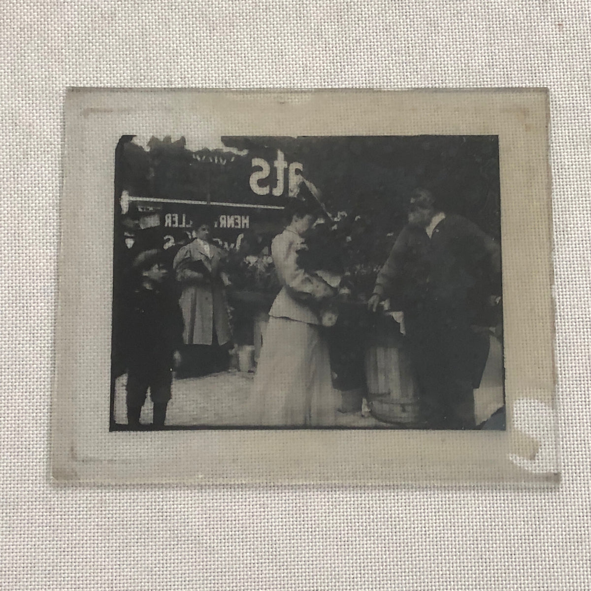 Antique Glass Plate Lantern Slide Photo Man Woman Child in Market Beard