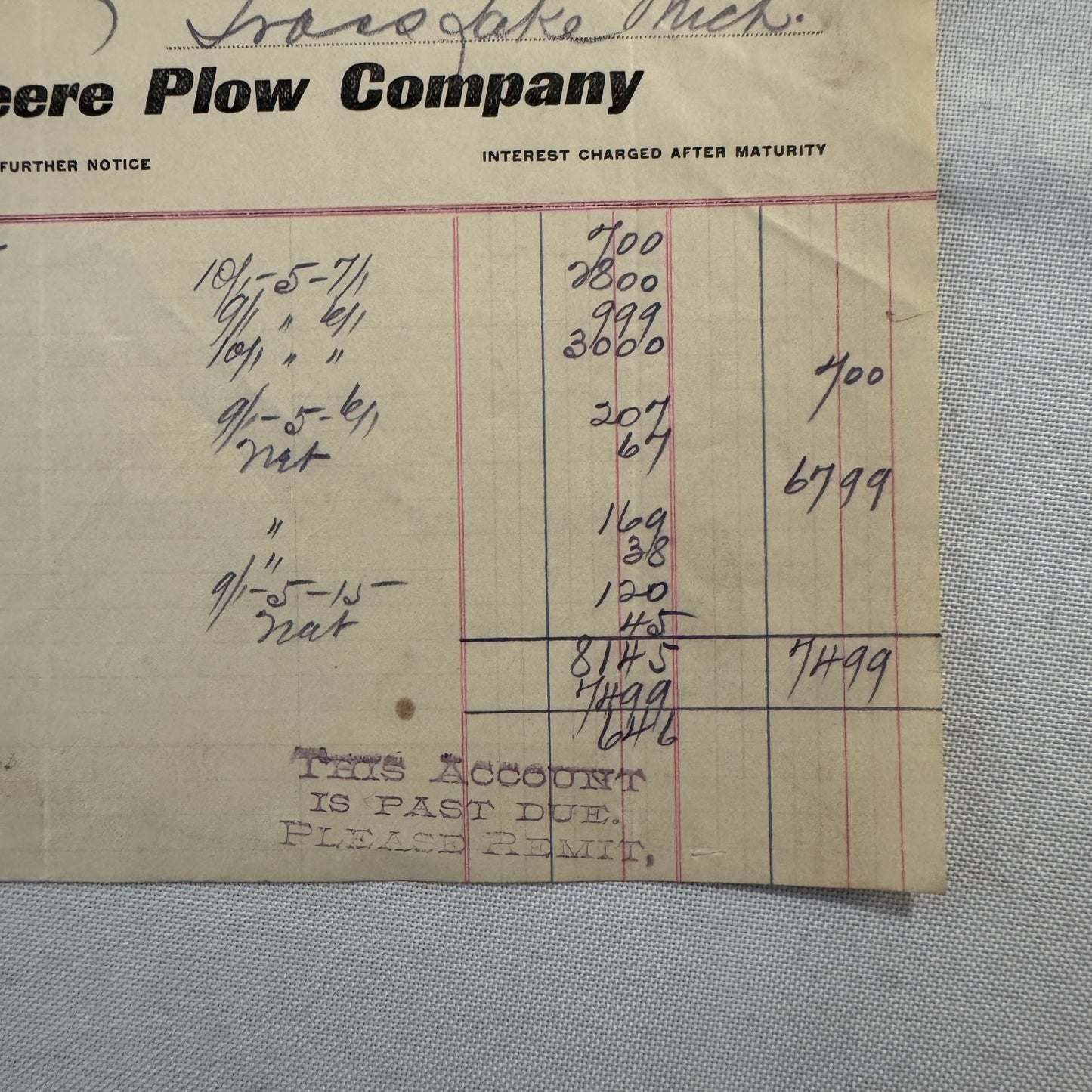1908 John Deere Plow Company Antique Document Receipt Invoice Farm Equipment