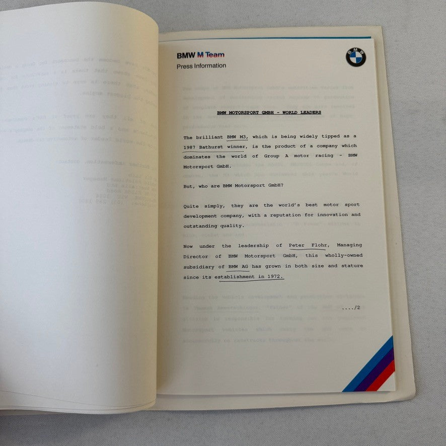 1987 BMW Motorsport John Player Special Racing Team Press Kit Brochure Photos