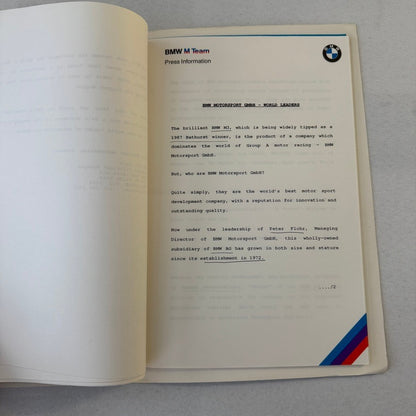 1987 BMW Motorsport John Player Special Racing Team Press Kit Brochure Photos
