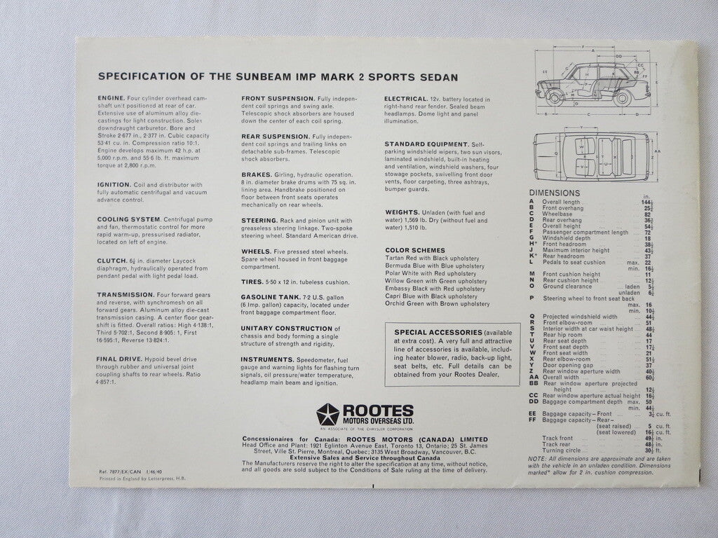 1960s Sunbeam IMP Mark 2 Sports Sedan Sales Brochure Catalog Poster 
