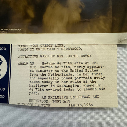 1934 Press Photo Photograph Print Wife of Dutch Envoy Diplomat Netherlands