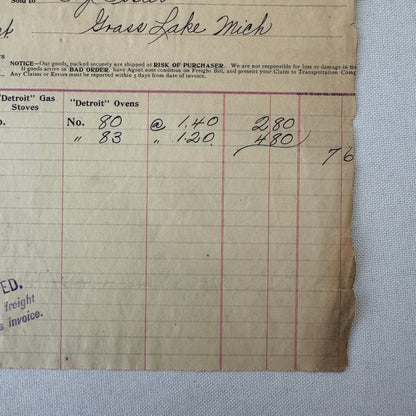 Detroit Vapor Stove Company Receipt Invoice Document 1908 Detroit Michigan
