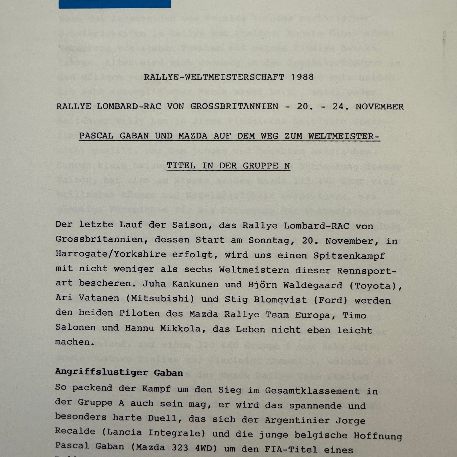 1988 Mazda Rallye Racing Press Release Document Lot 2x Mazda 323 German Text