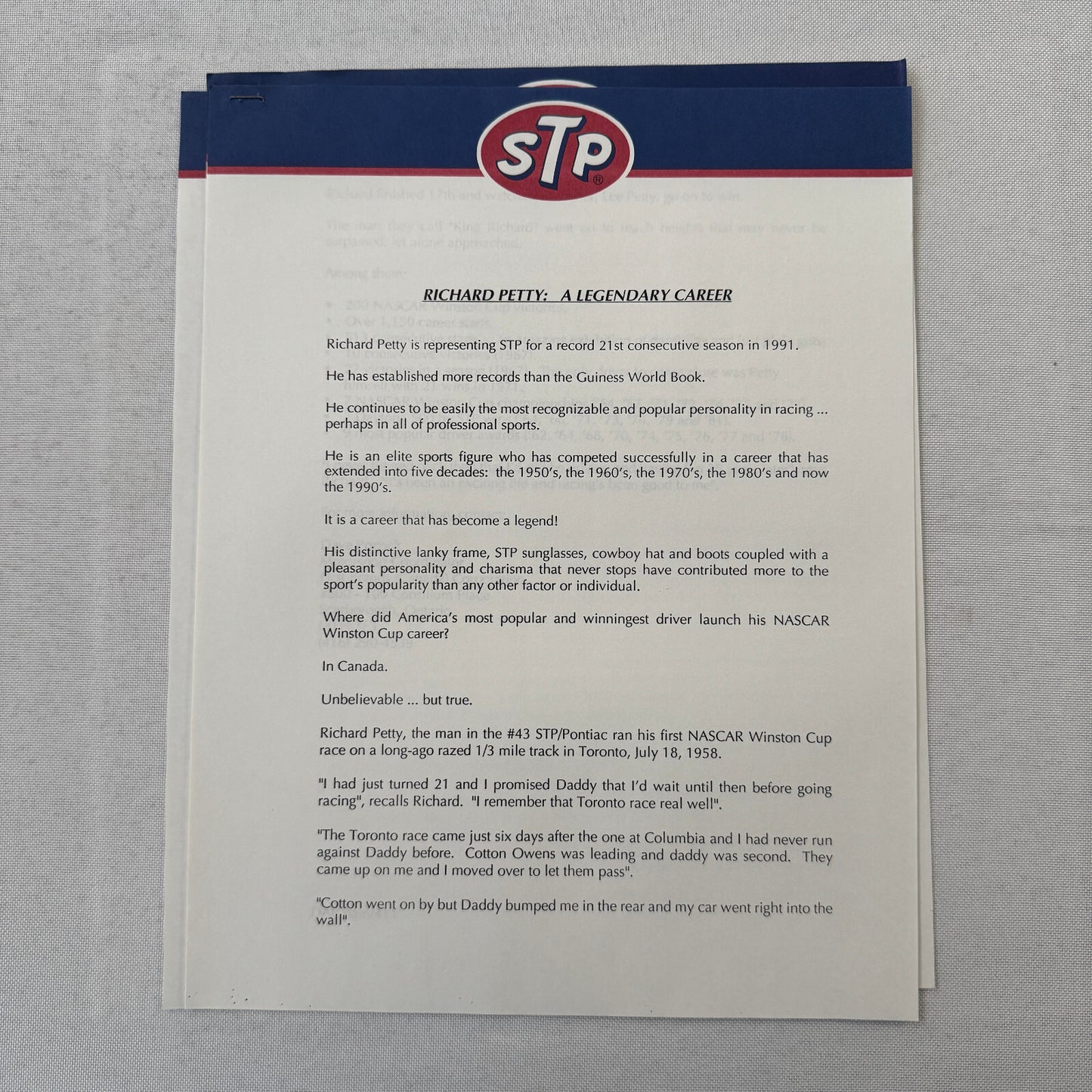 1992 STP Racing Press Kit Brochure Photos Bryan Herta Richard Petty Vintage