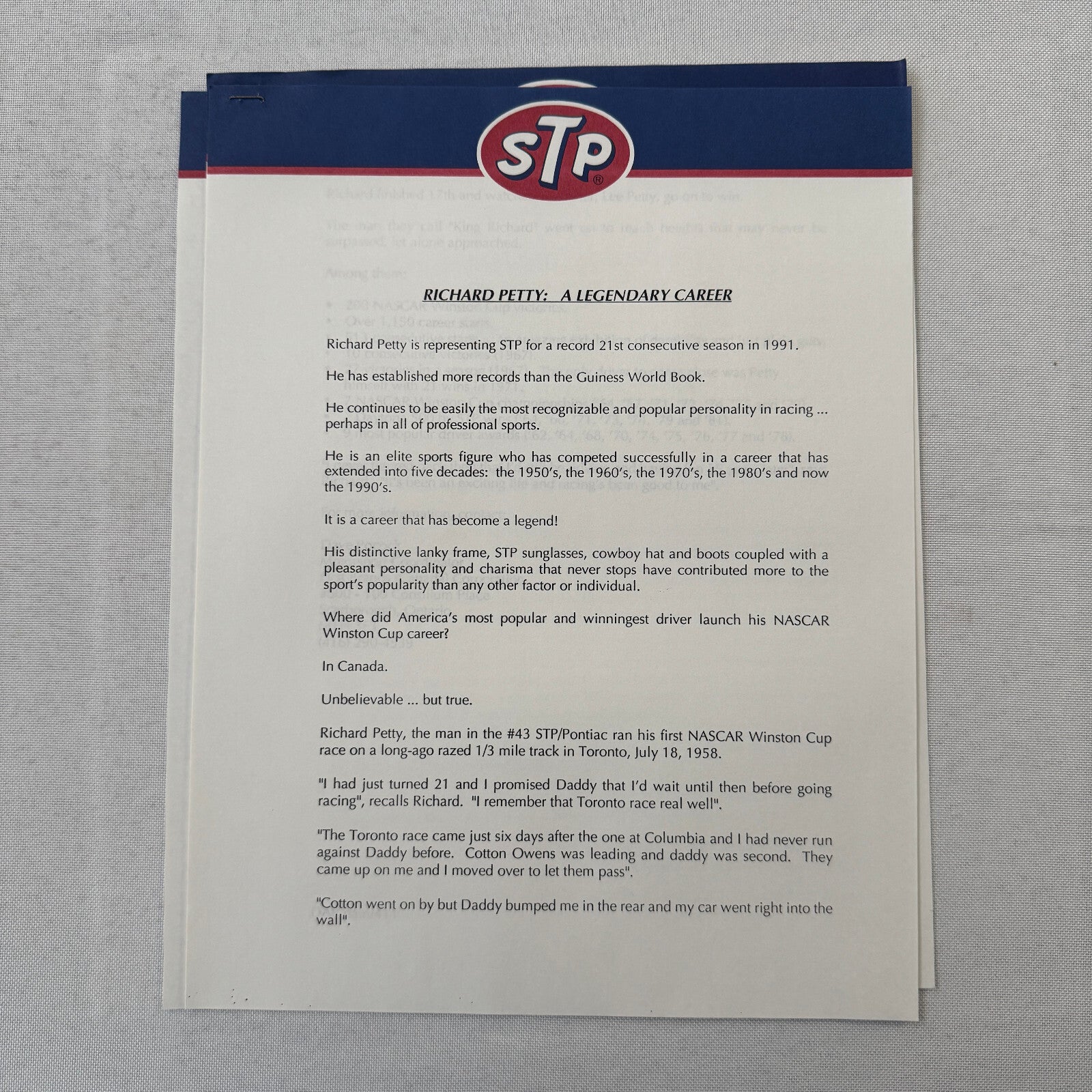 1992 STP Racing Press Kit Brochure Photos Bryan Herta Richard Petty Vintage