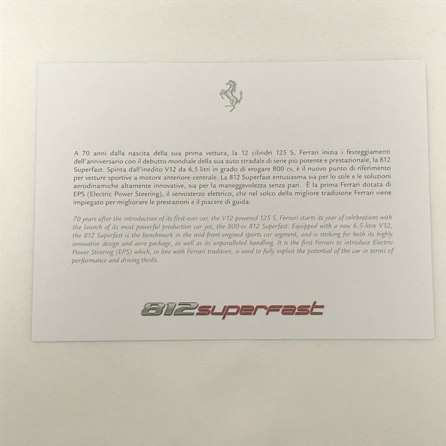 Ferrari 812 Superfast Advertising Card Postcard Brochure Super Fast 