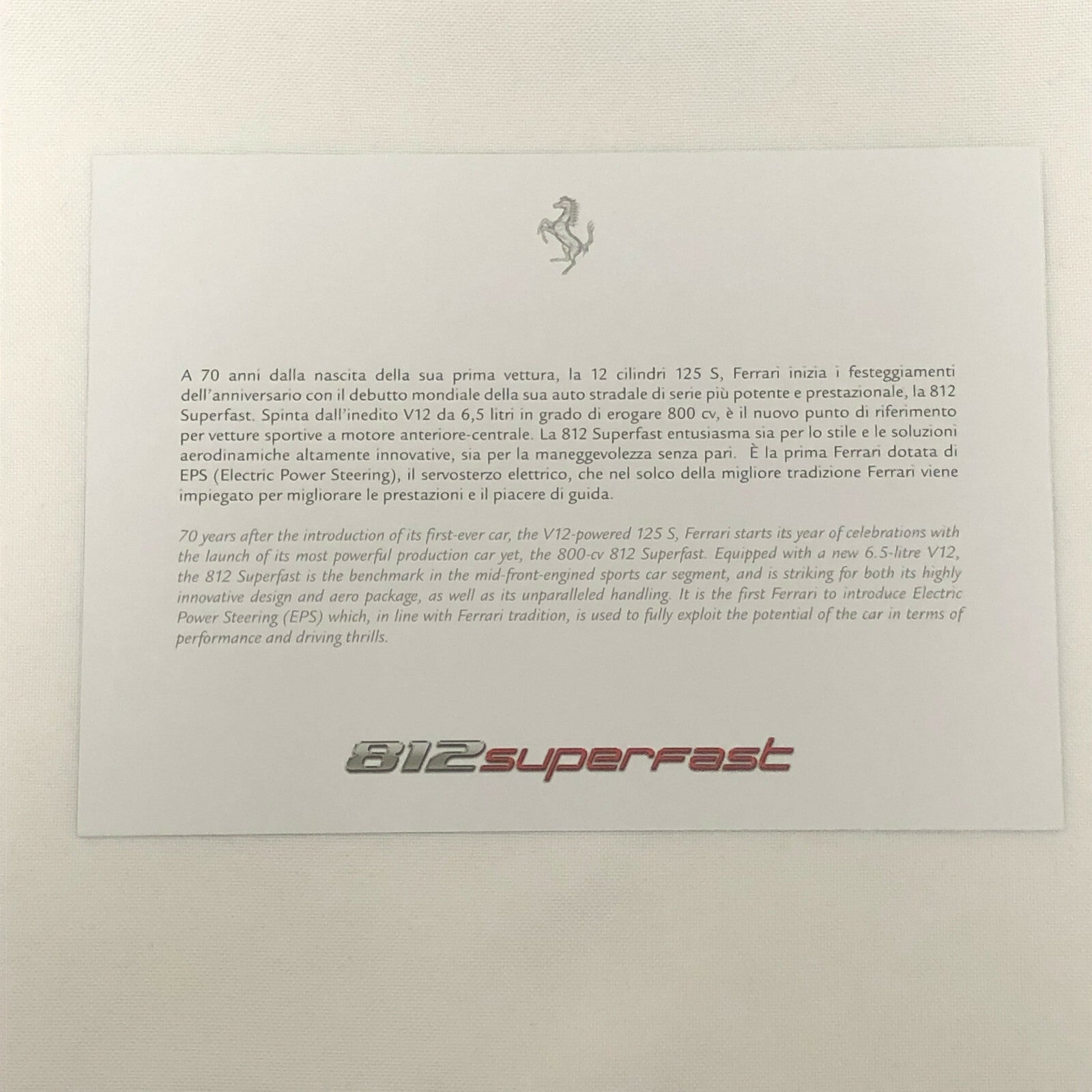 Ferrari 812 Superfast Advertising Card Postcard Brochure Super Fast 