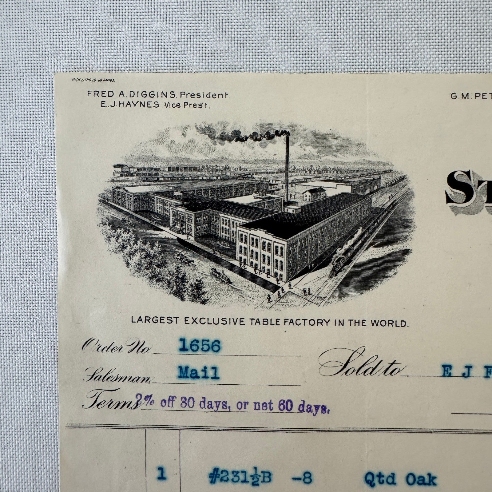 St Johns Table Company Cadillac Michigan 1908 Receipt Invoice Document Antique
