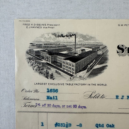 St Johns Table Company Cadillac Michigan 1908 Receipt Invoice Document Antique