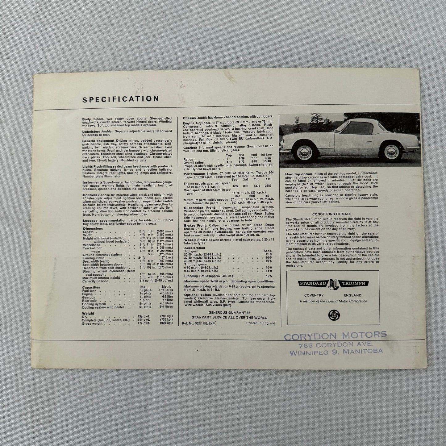 Triumph Spitfire MK11 Roadster Convertible Car Sales Brochure Catalog Vintage