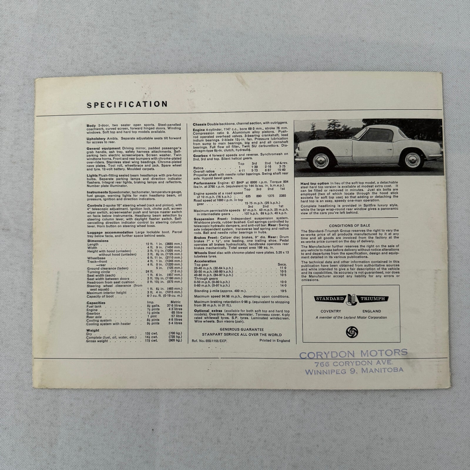 Triumph Spitfire MK11 Roadster Convertible Car Sales Brochure Catalog Vintage