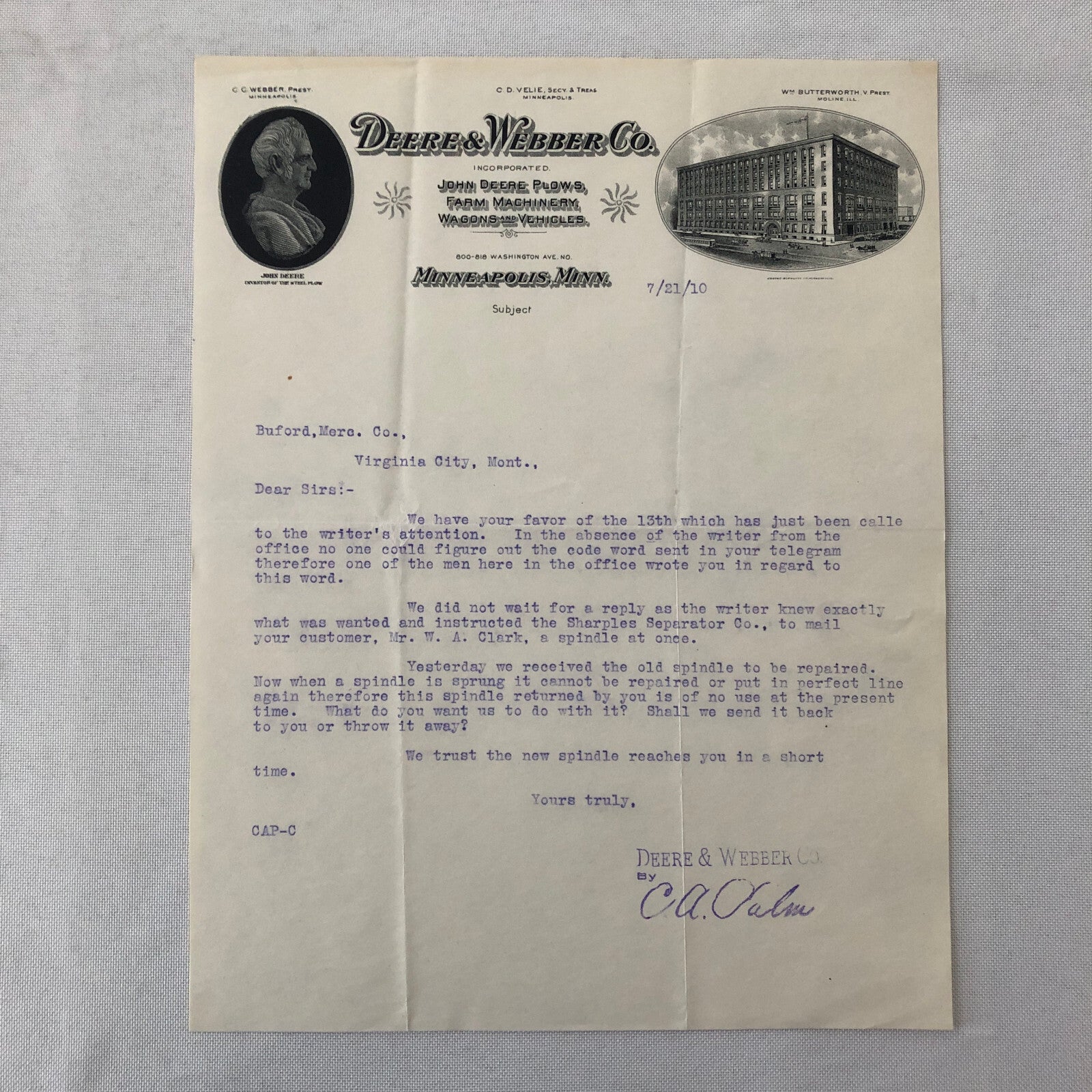 1910 John Deere and Webber Company Minneapolis Minnesota Letter Letterhead