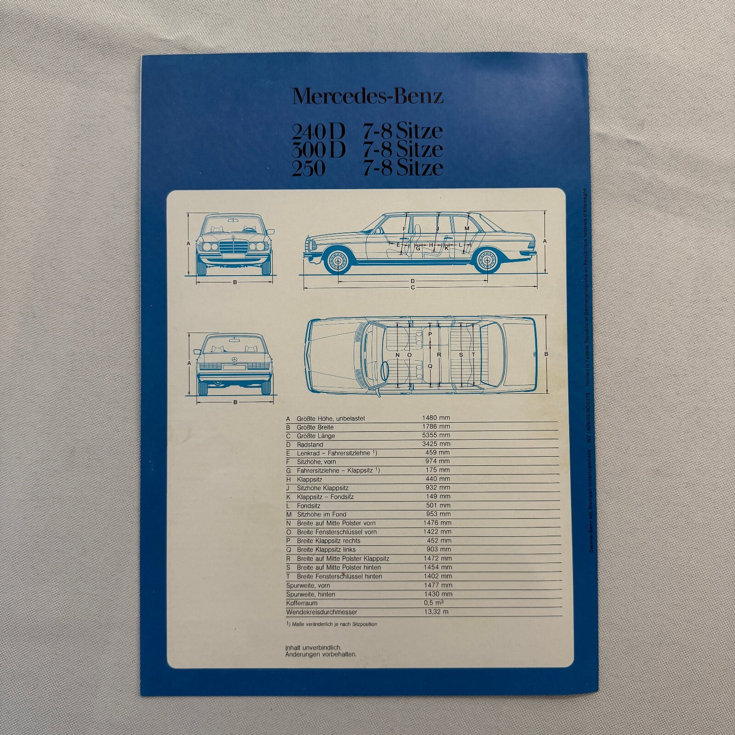 Mercedes Benz Limousine Sales Brochure Catalog 240D 300D 250 Vintage German