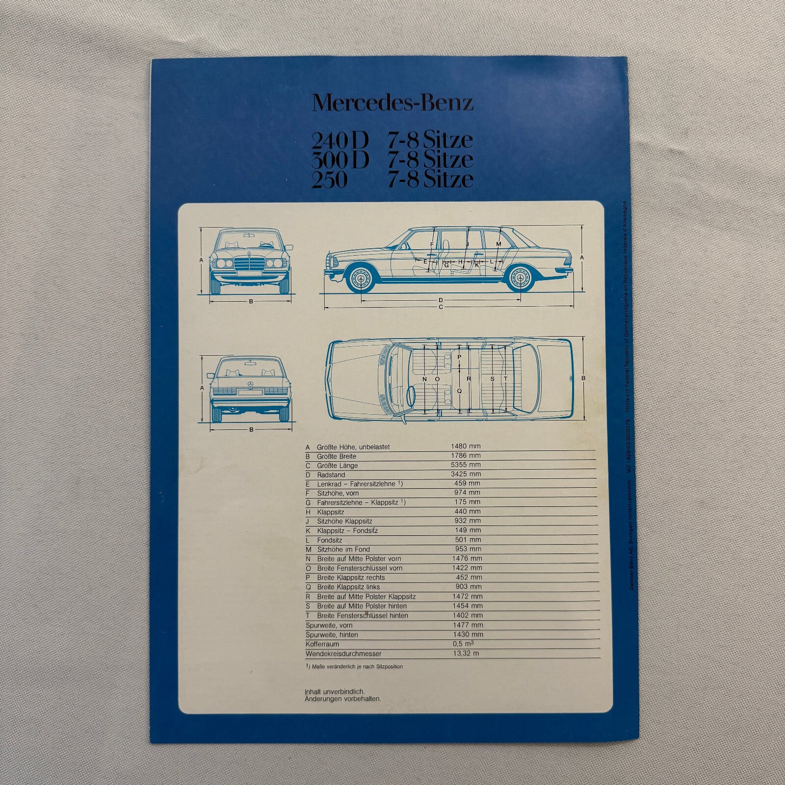 Mercedes Benz Limousine Sales Brochure Catalog 240D 300D 250 Vintage German
