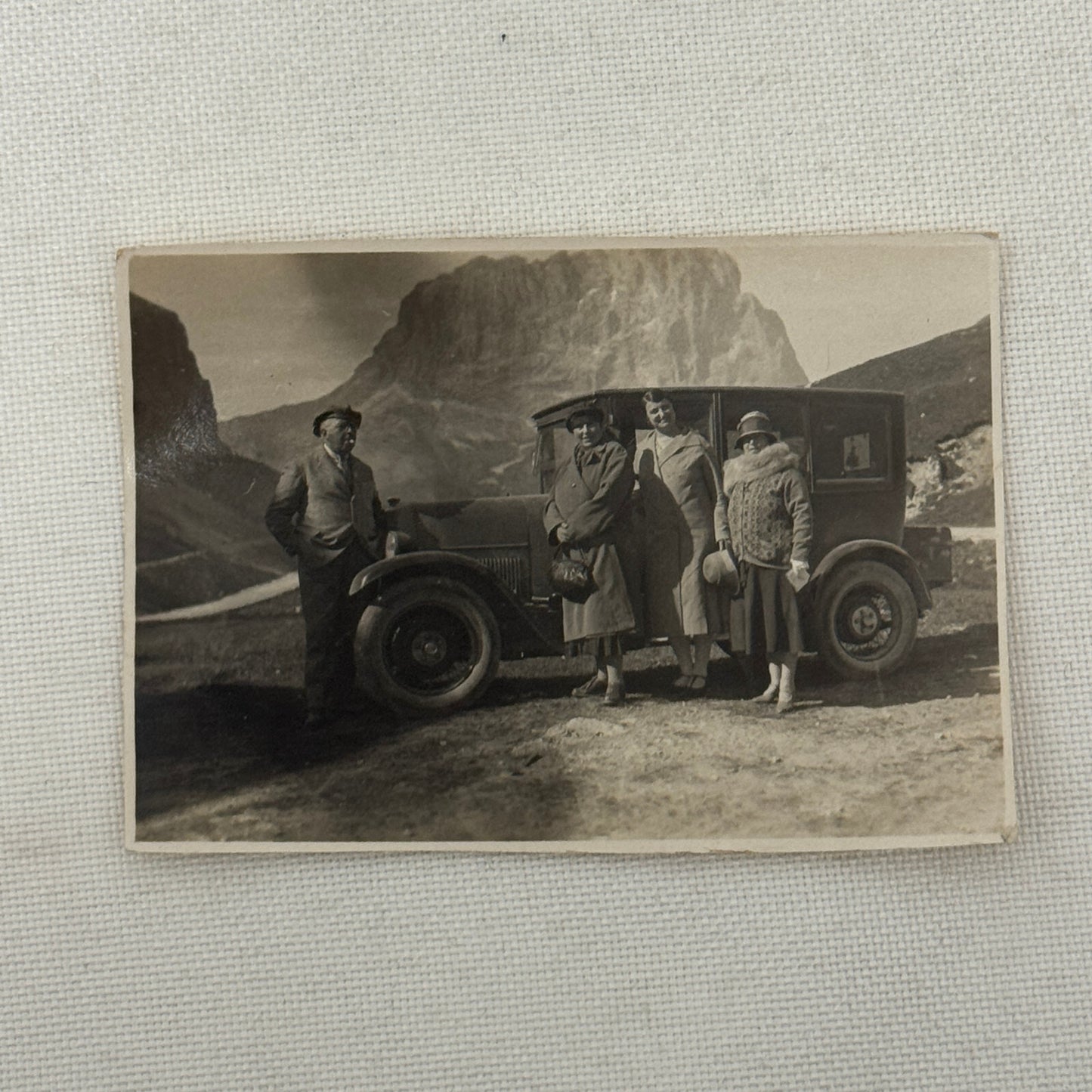 Vintage Photo Photograph Print People with Antique Car Automobile Mountains