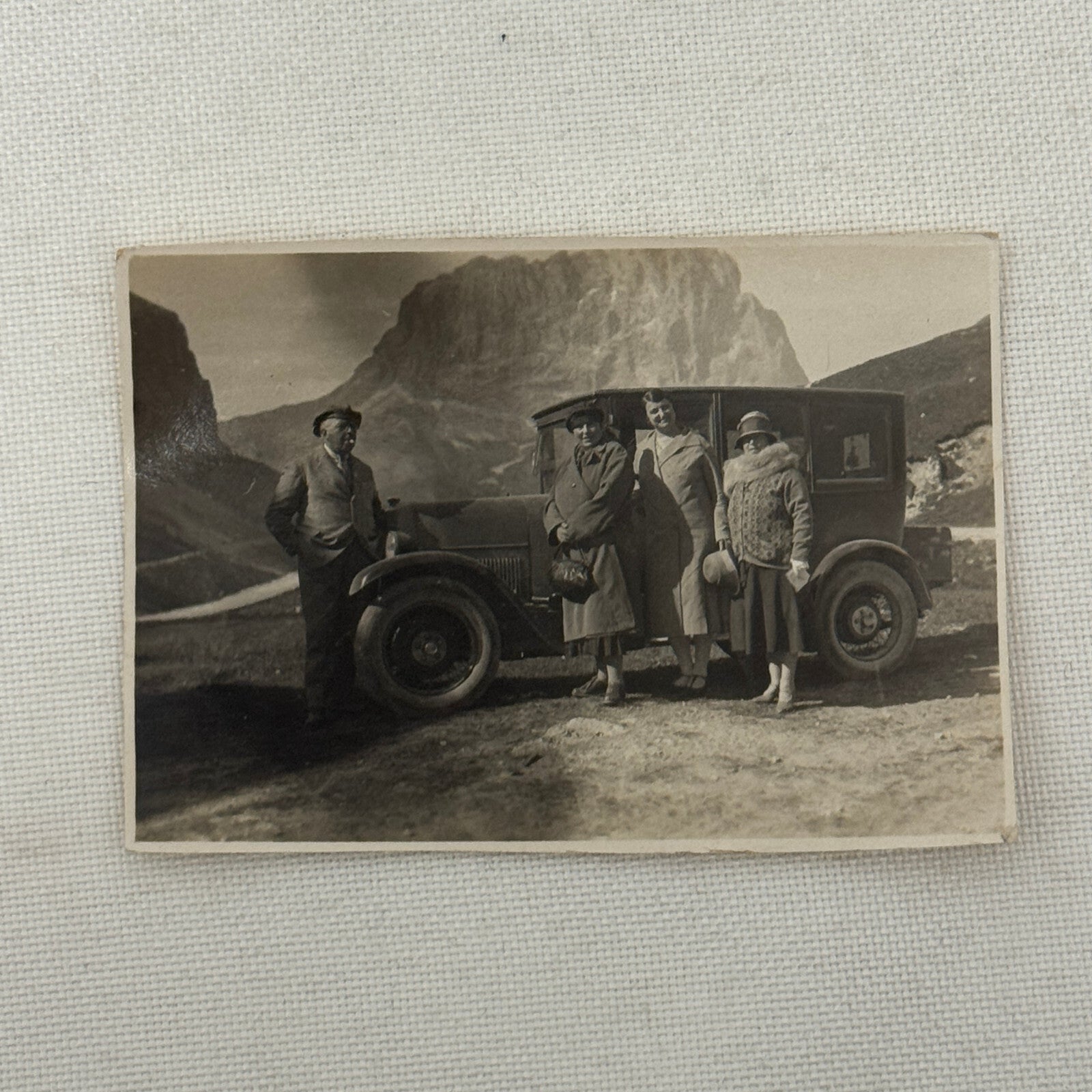 Vintage Photo Photograph Print People with Antique Car Automobile Mountains