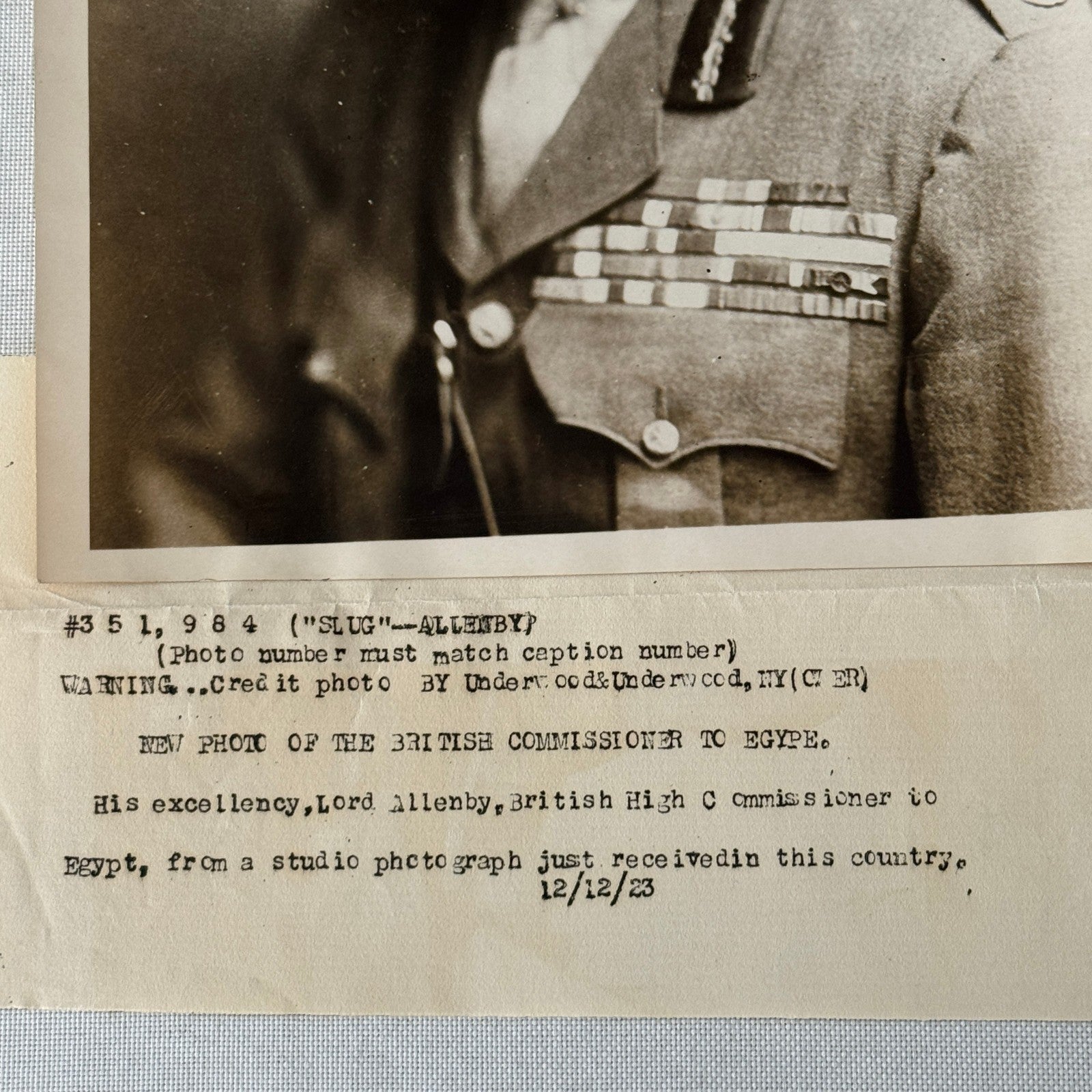 British High Commissioner to Egypt Lord Allenby Portrait Press Photo 1923