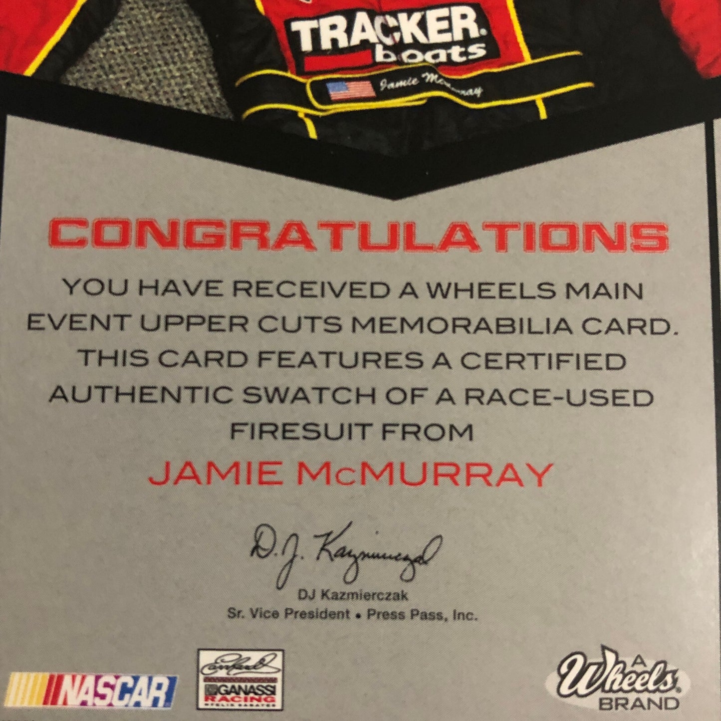 2010 Wheels Uppercuts Jamie McMurray Firesuit Relic Card /75 NASCAR