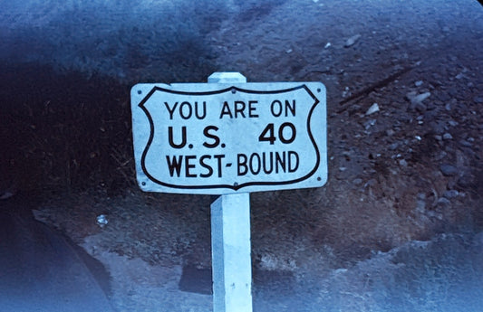 35mm Slide Vintage Image California Highway Sign US 40 Westbound Red Border