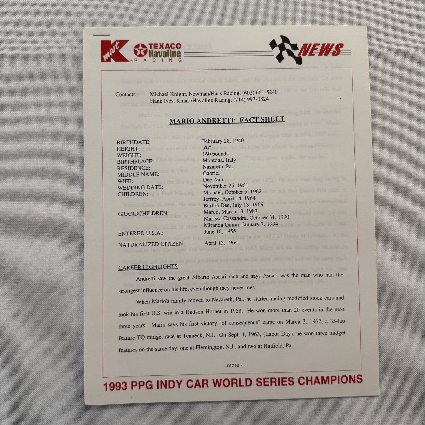 Mario Andretti 1993 PPG Indy Press Release Lot 2x KMart Texaco Havoline Racing