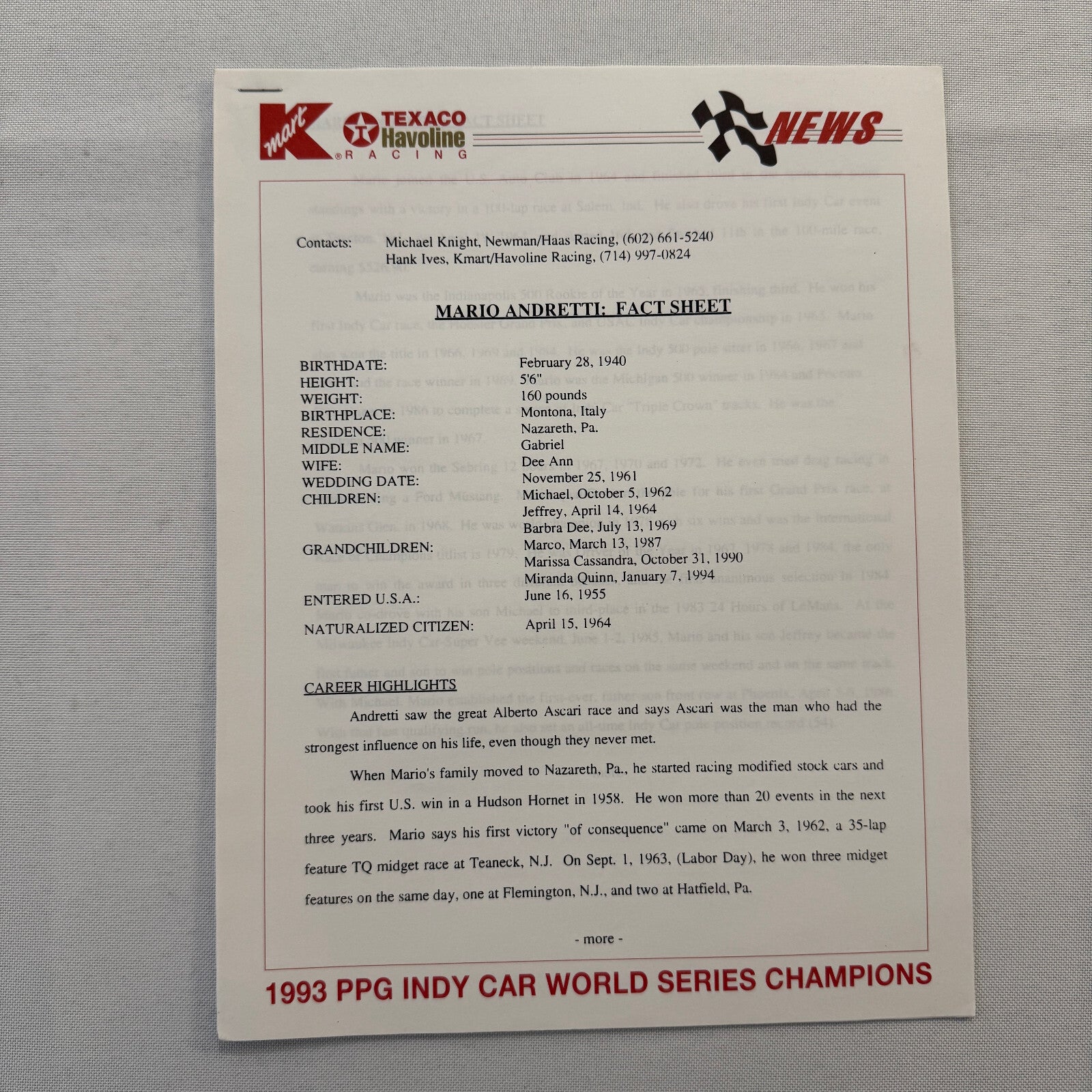Mario Andretti 1993 PPG Indy Press Release Lot 2x KMart Texaco Havoline Racing