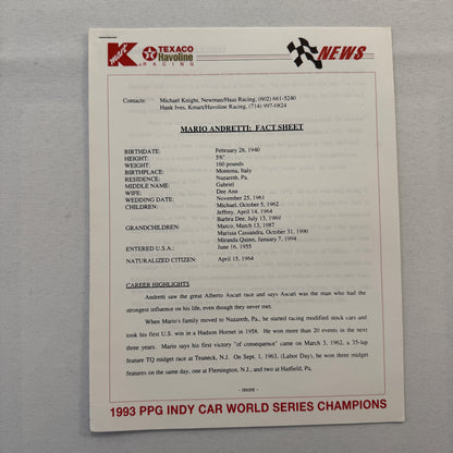 Mario Andretti 1993 PPG Indy Press Release Lot 2x KMart Texaco Havoline Racing