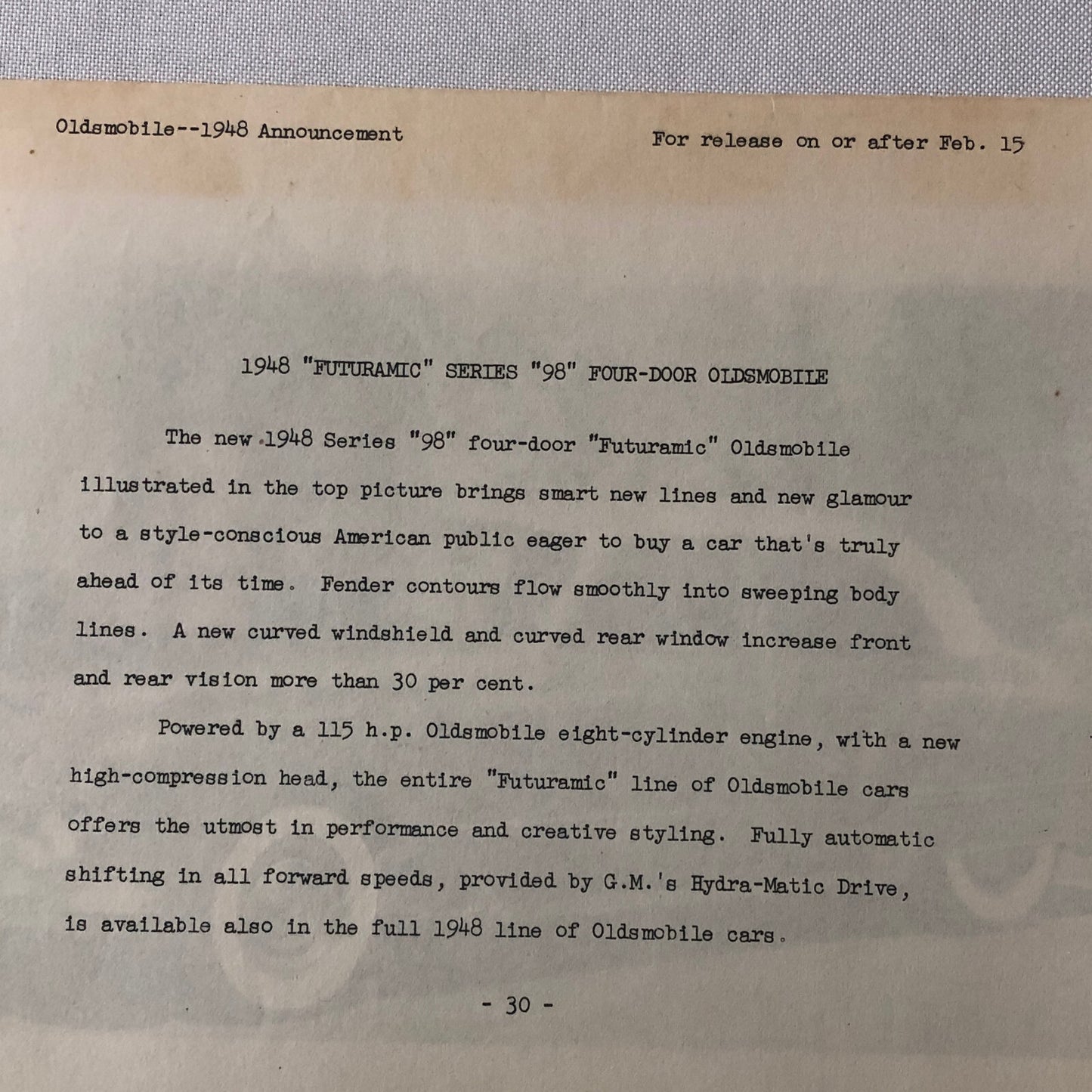 1948 Oldsmobile Series 98 Futuramic Sedan Factory Press Photo Photograph