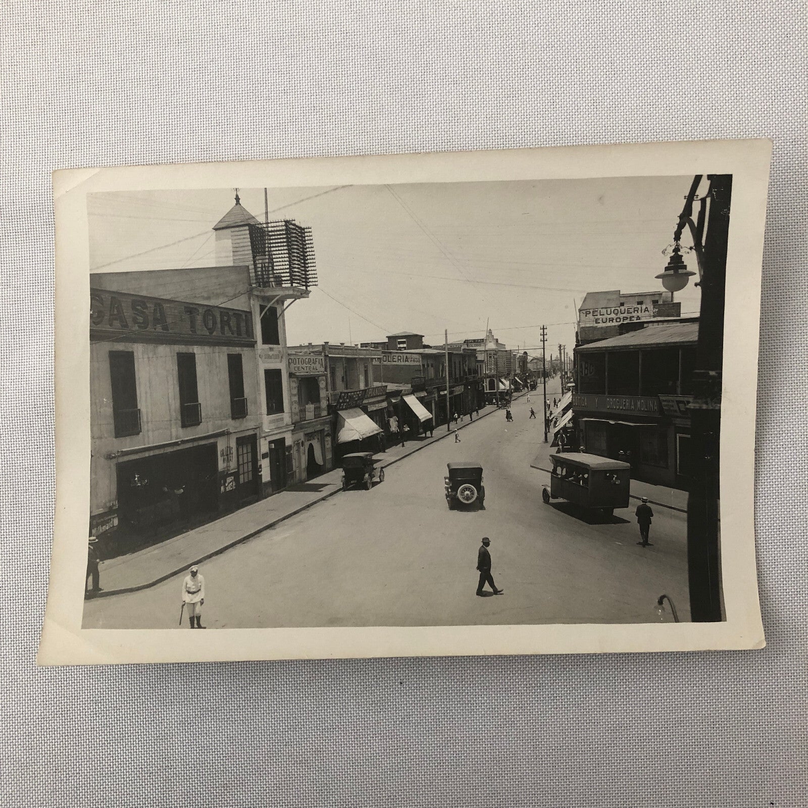 Vintage Street Scene Photo Photograph Spanish Shops Cars People South America ? 