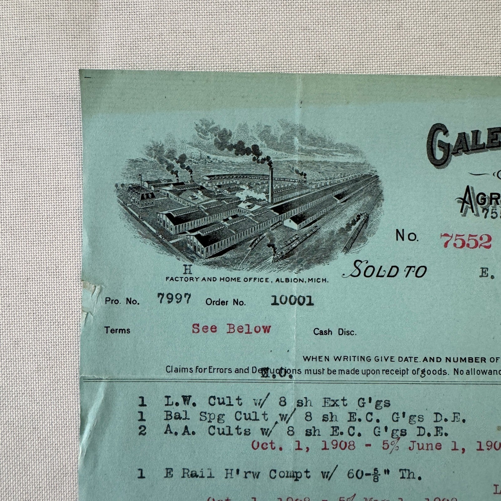 Gale Manufacturing Company Agricultural Implements Albion Michigan 1908 Document