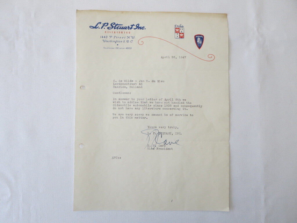 1947 L.P. Steuart Inc Desoto Plymouth Dealership Letter Letterhead Washington DC