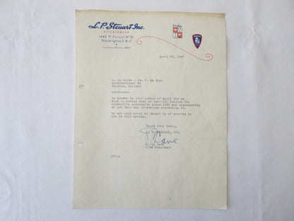 1947 L.P. Steuart Inc Desoto Plymouth Dealership Letter Letterhead Washington DC