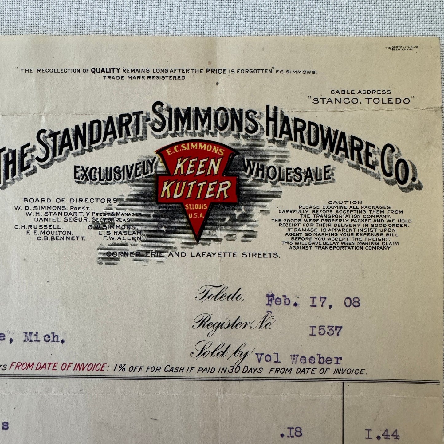 Standart Simmons Hardware Keen Kutter Receipt Letterhead Document 1908 Antique