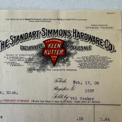 Standart Simmons Hardware Keen Kutter Receipt Letterhead Document 1908 Antique