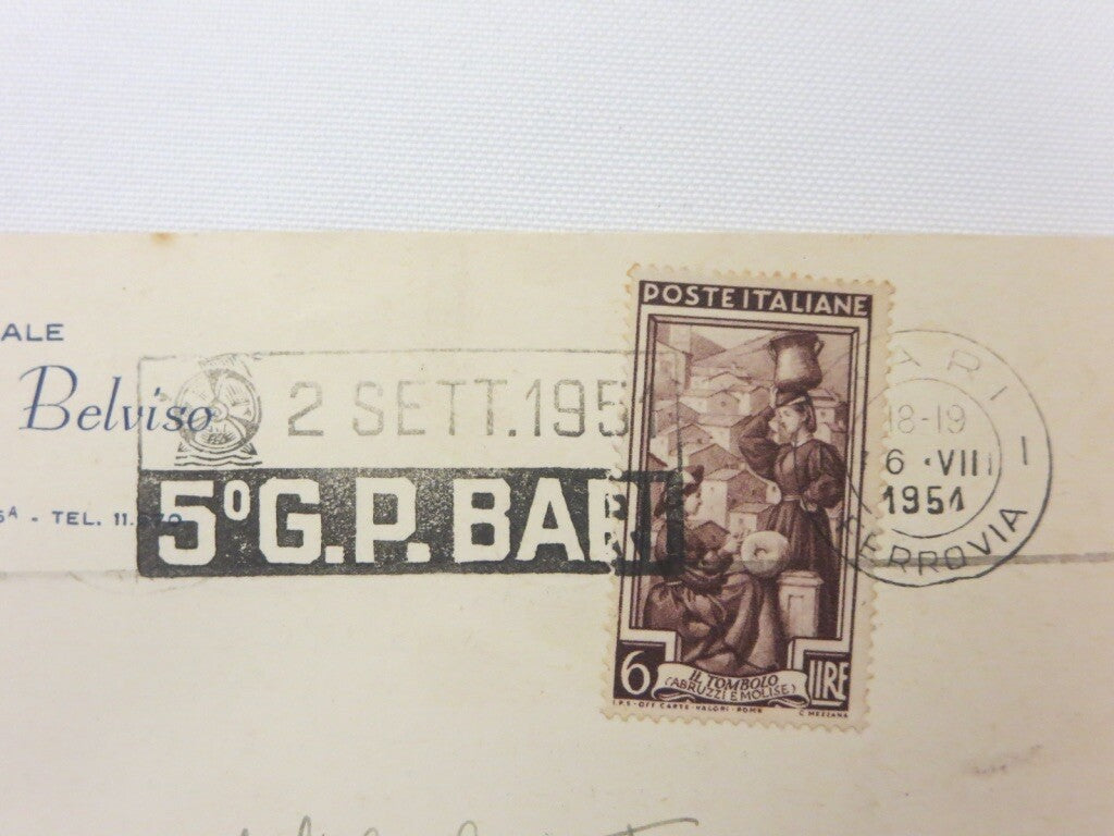 1951 Grand Prix Bari Racing Postage Stamp on Invitation Postcard Post Card 