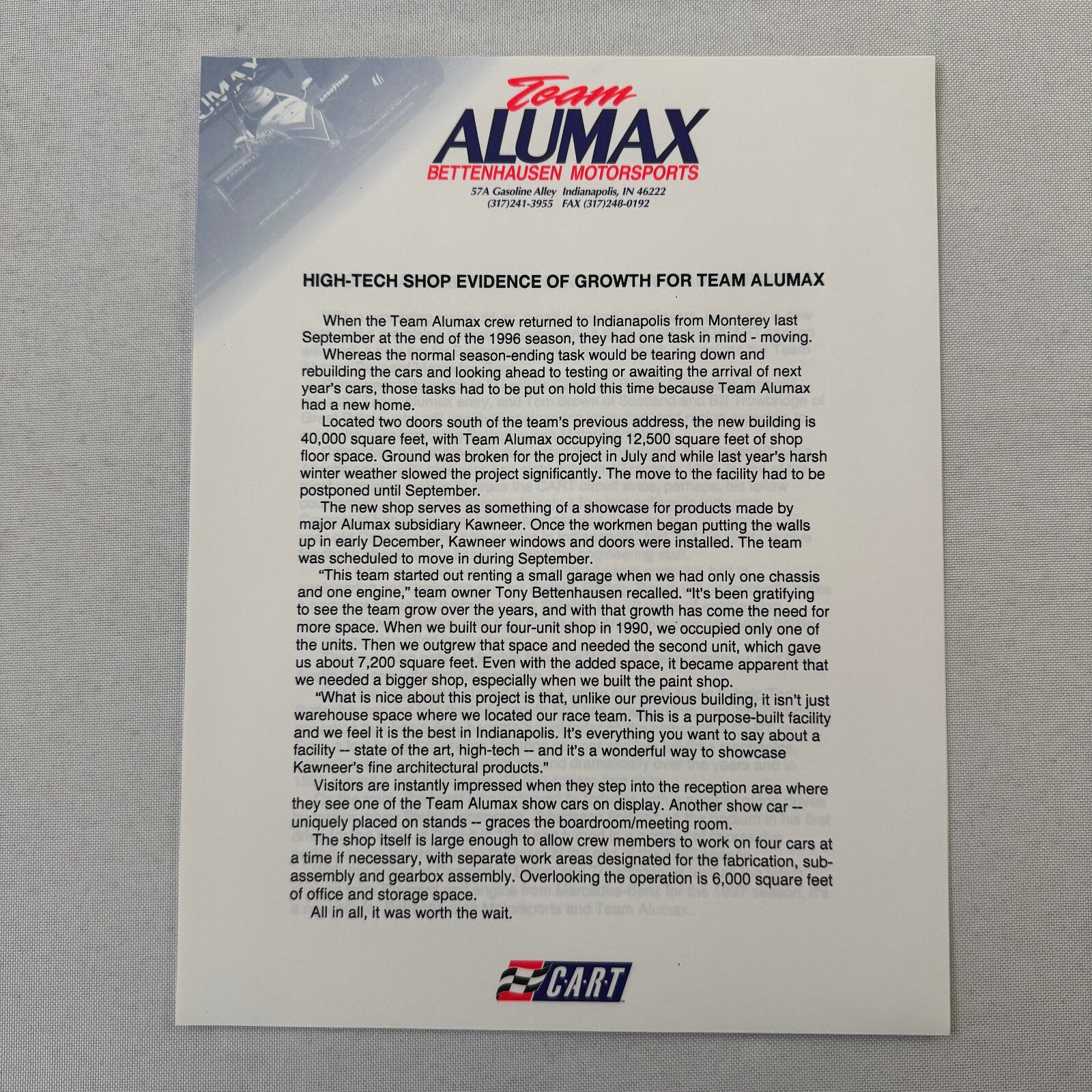 Bettenhausen Alumax Racing Press Kit Brochure 1997 CART Patrick Carpentier