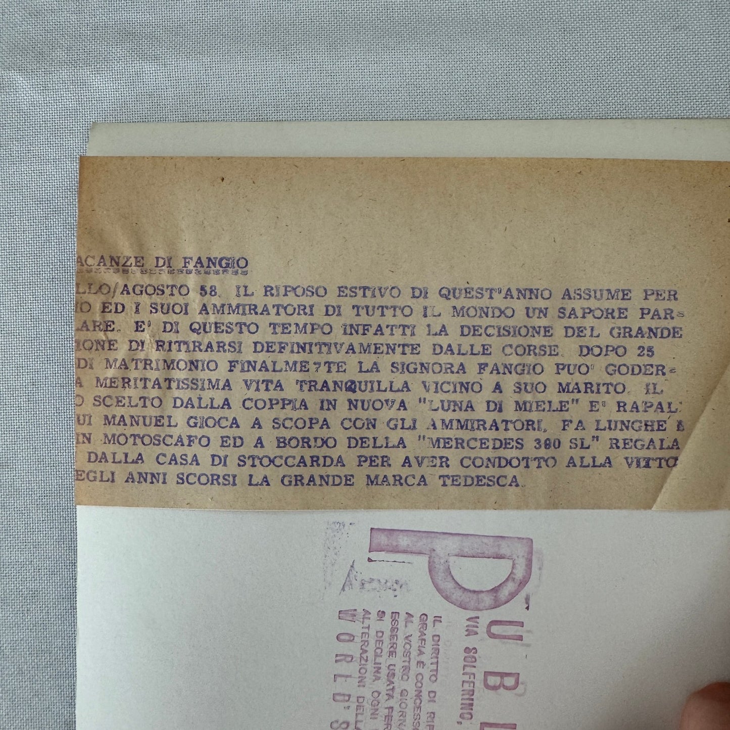 Juan Manuel Fangio Retirement Vacation Holiday Italian Press Photo F1 Racing