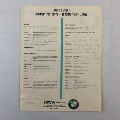 1960 1961 ? BMW 700 Sales Brochure 700 Sport Coupe & 700 4-Seater