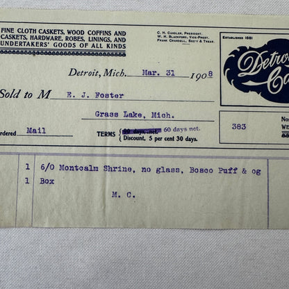 Detroit Casket Company 1908 Invoice Receipt Document Lot 2x Funeral