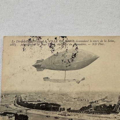 Vintage Zeppelin Airship Dirigible Postcard French Paris Eiffel Tower 1909