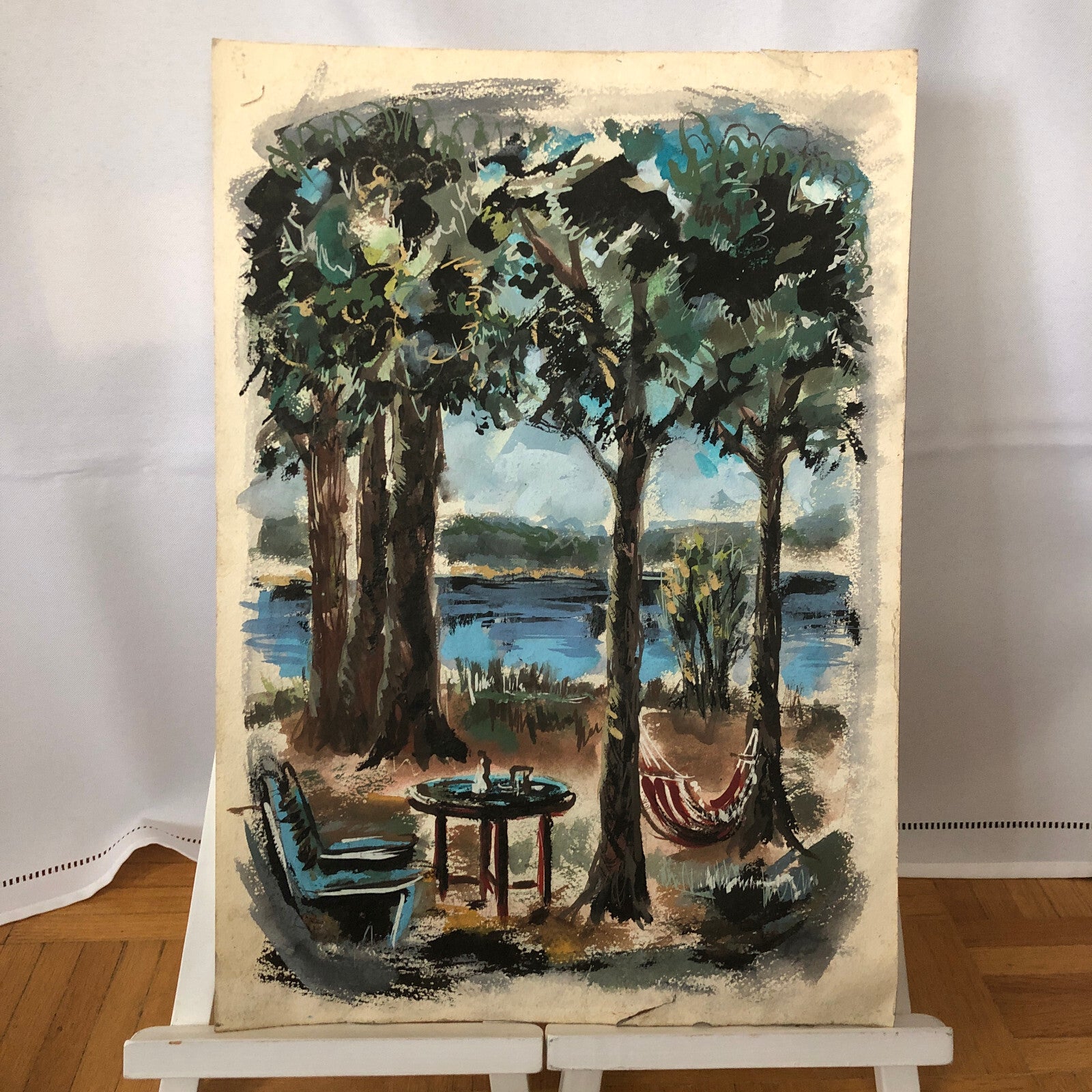 Vintage Painting Art Artwork Trees Hammock Chair Artist Arthur E Sudler